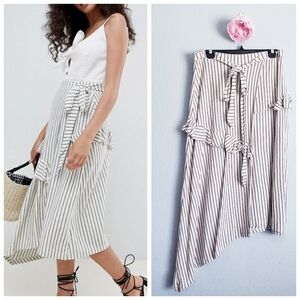 ASOS Cream And Blue Striped Ruffle Asymmetrical Faux Wrap Skirt